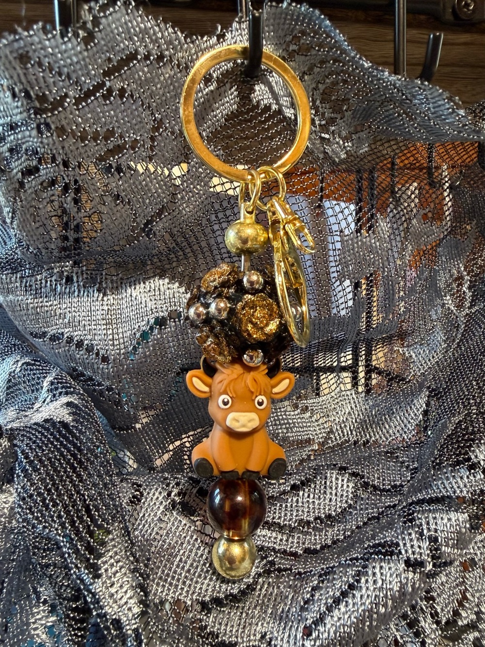 Brown Cow Keychain Bag Charm with Gold Accents